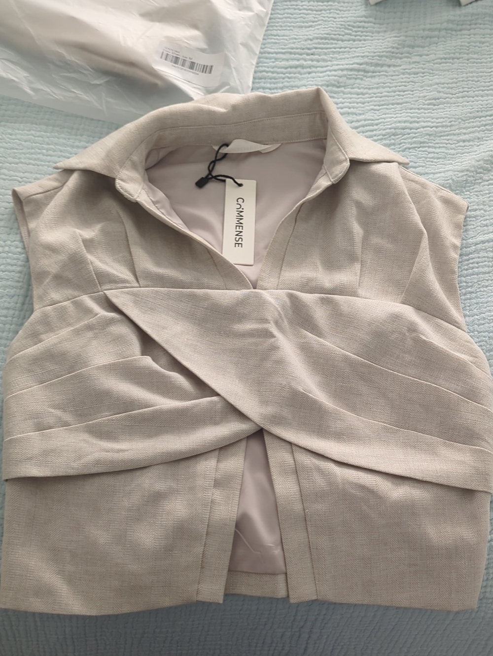 Commense Cream Wide-Leg Trousers with Draped Wrap Top Set - Picture 9 of 12
